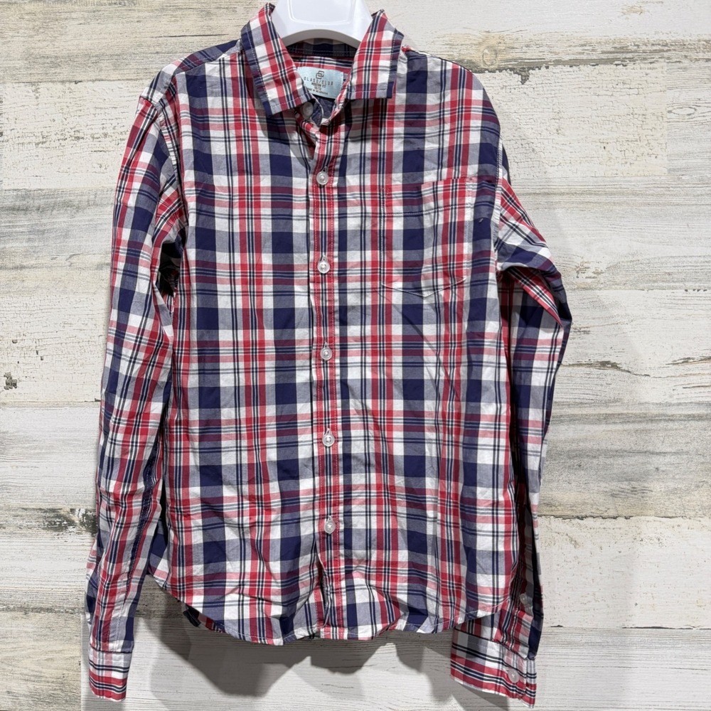 Class Club Button Down Boys 10/12 Red Blue Plaid Modern Fit Preppy EUC